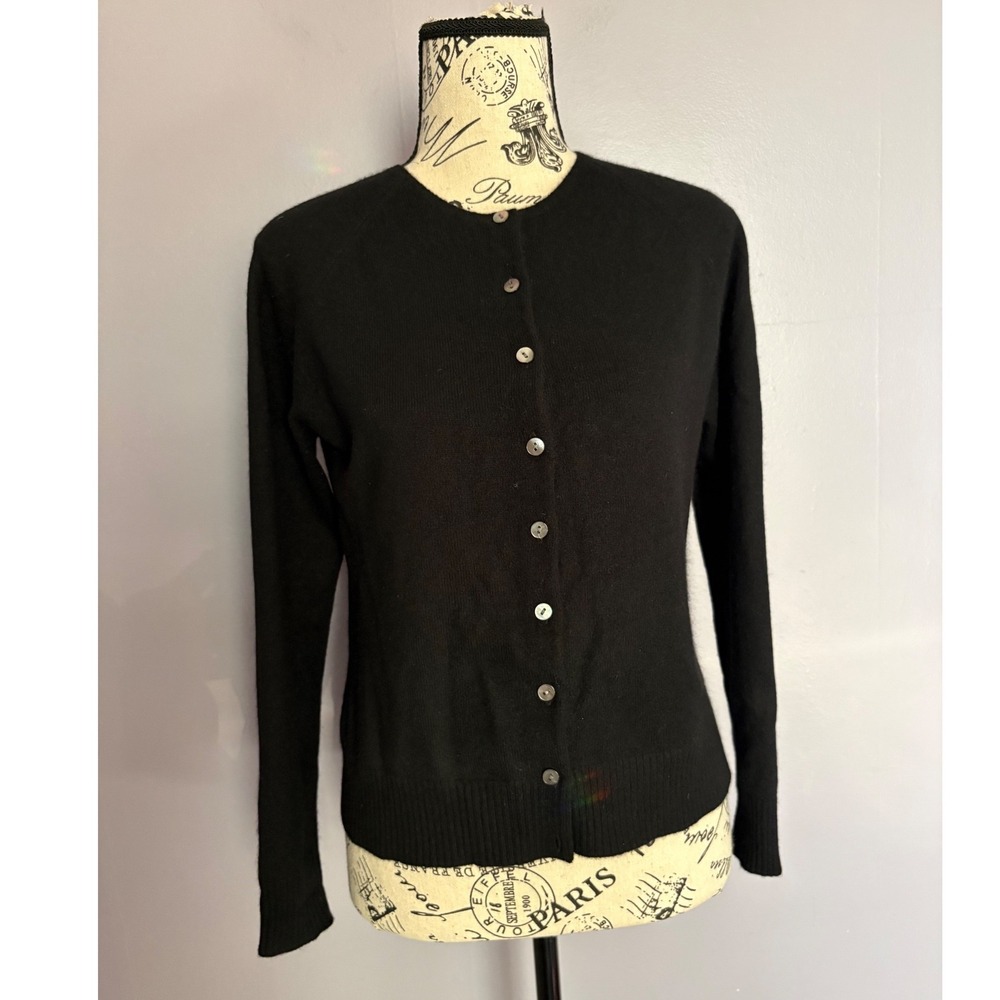 100% Cashmere Valerie Separates Petite Black Crew Neck Cardigan Sweater PS